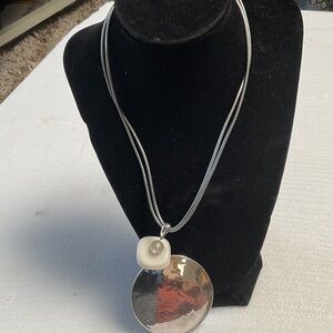 Chicos Silver-Tone Disc Pendant Necklace with Cream Accent